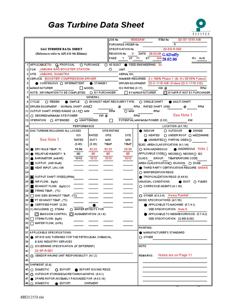 22-DS-R-002 Rev 0 API 616 Turbine Data Sheet | PDF | Gas Turbine | Turbine