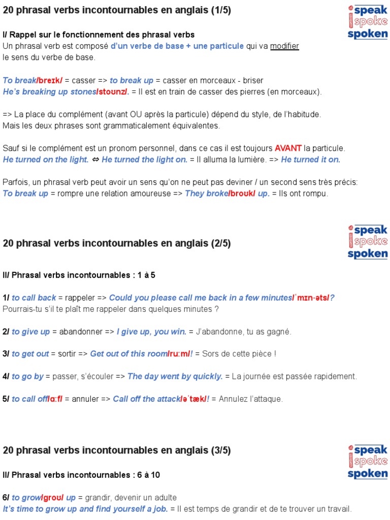 20 Phrasal Verbs Incontournables en Anglais | PDF | Grammaire anglaise ...