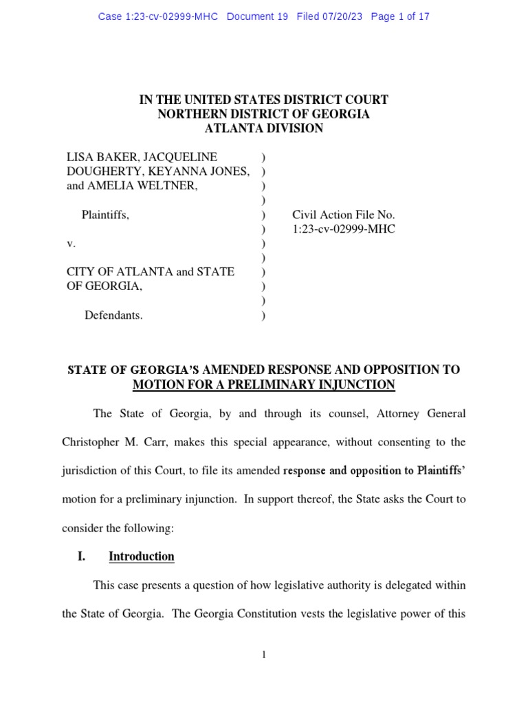 Georgia's Opposition to Injunction Motion | PDF | Lawsuit | Common Law