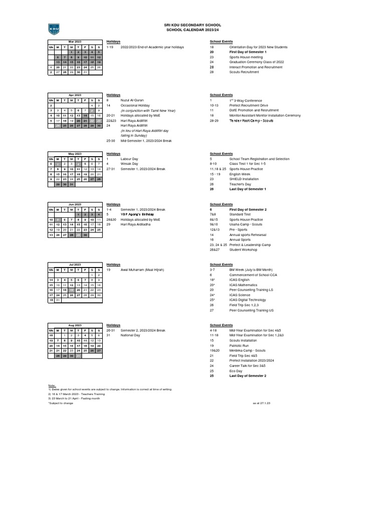 2023 School Calendar (SSKDU Secondary) | PDF | Academic Term | Malaysia