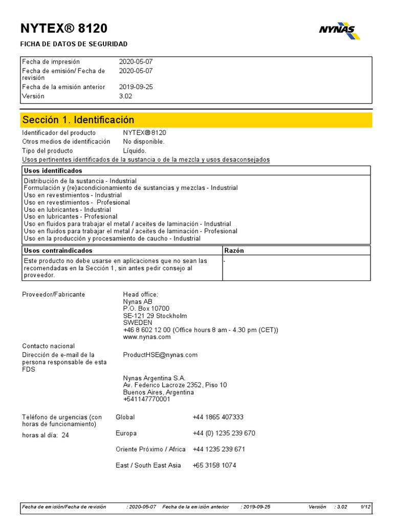SDS DELTA-312 ACEITE - NYNAS Fecha 07.05.20 Español | PDF | Agua | Residuos