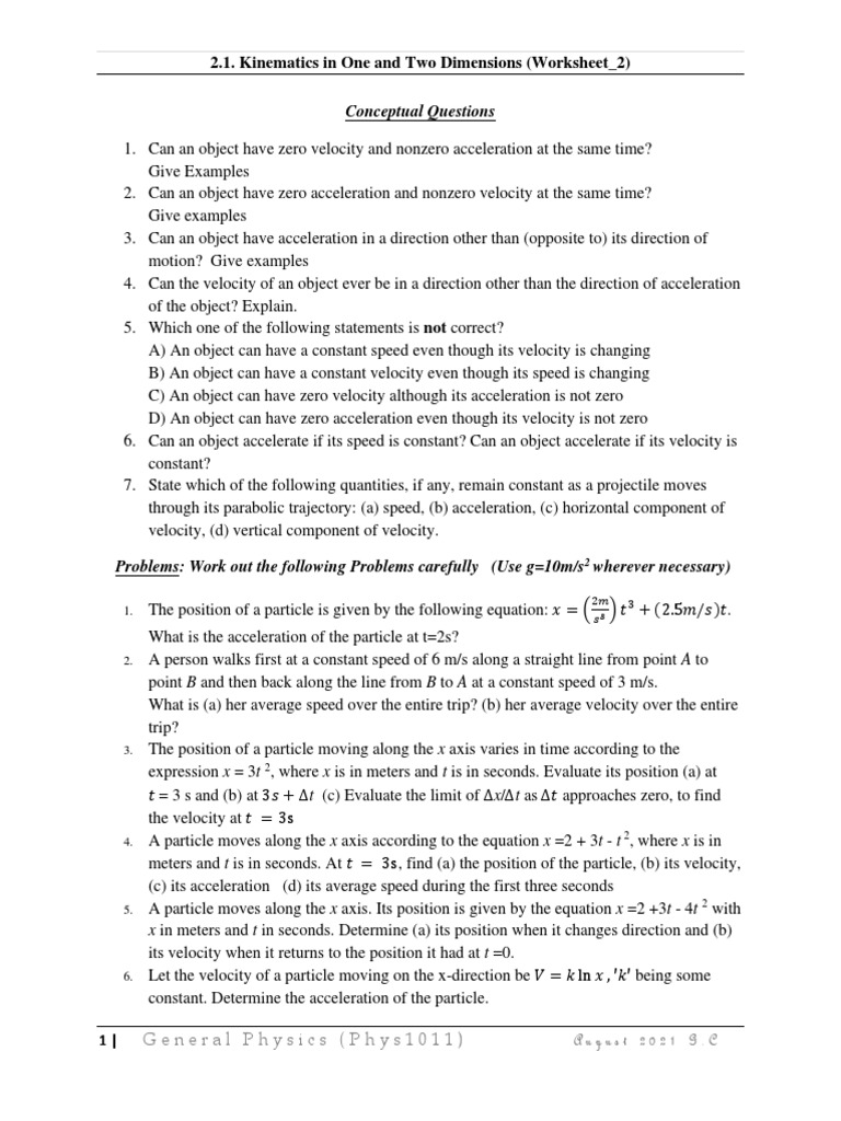 Kinematics Worksheet: Motion Concepts | PDF | Acceleration | Velocity