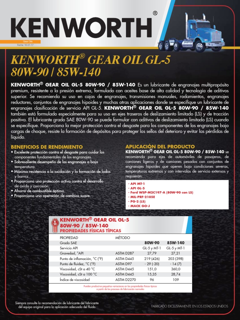 Tds Ficha Técnica KWT Gear Oil Gl5Mt1 80w90 85w140 PDF Engranaje