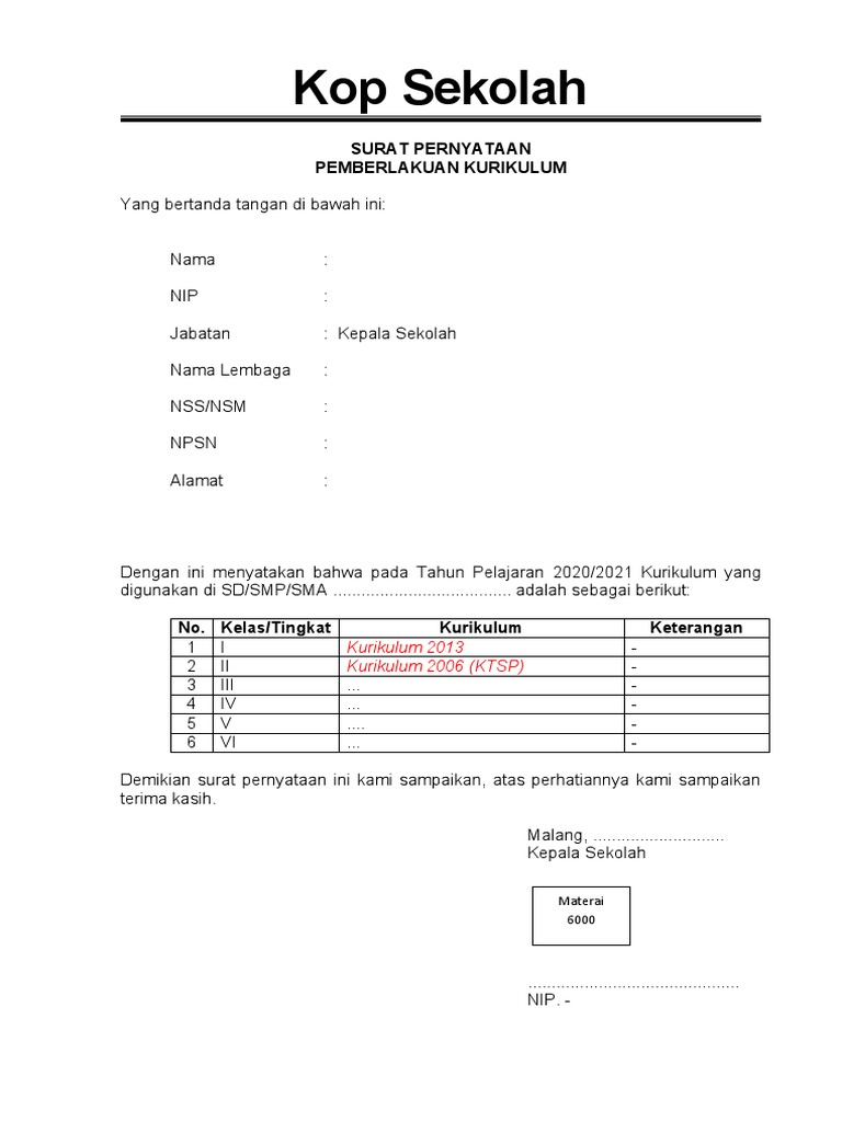 Contoh Surat Pernyataan Pemberlakuan Kurikulum Sd Mi Pdf
