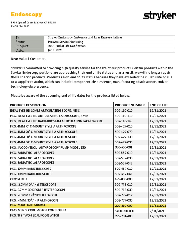 Stryker Endoscopy 2021 EOL Notification | PDF