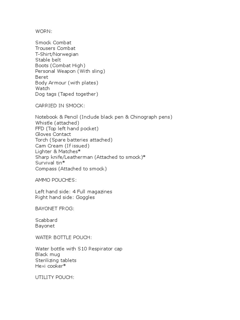 Infantry Packing List Infantry Clothing