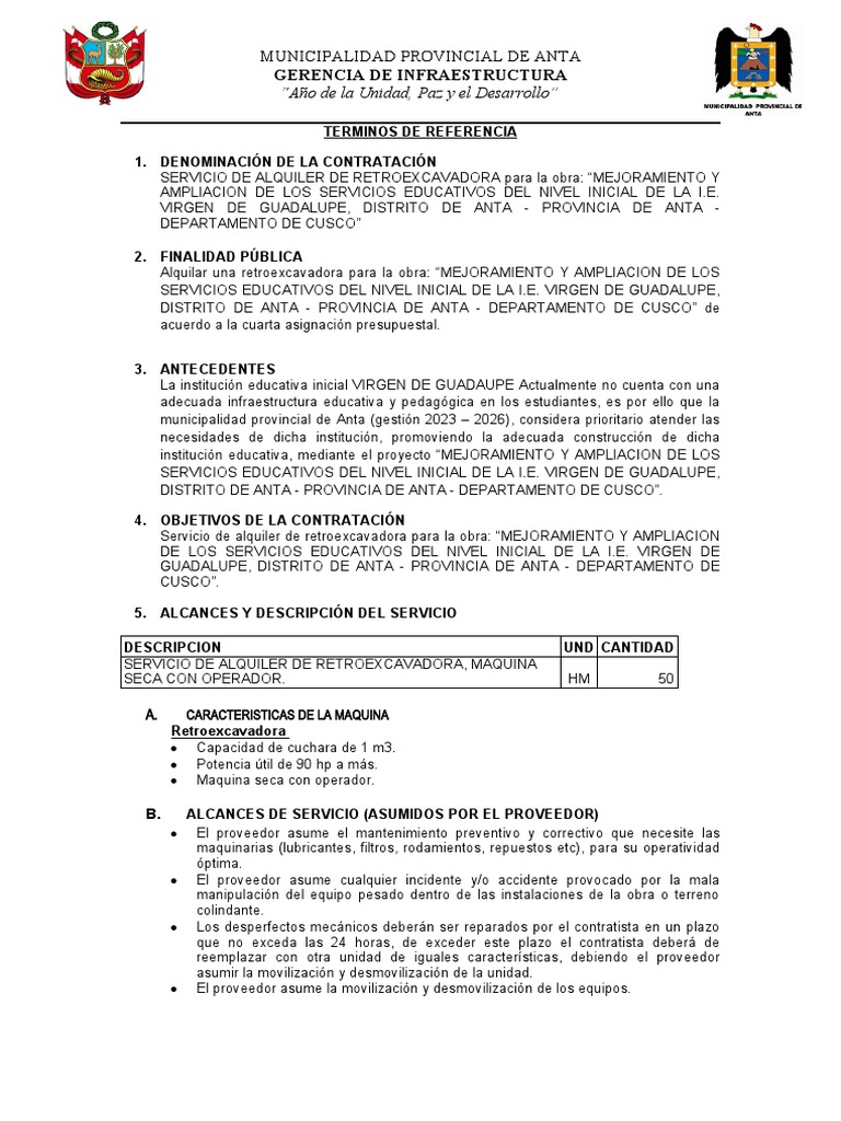 TDR Alquiler de Retroexcavadora 2 | PDF | Vehículos | Bienes manufacturados