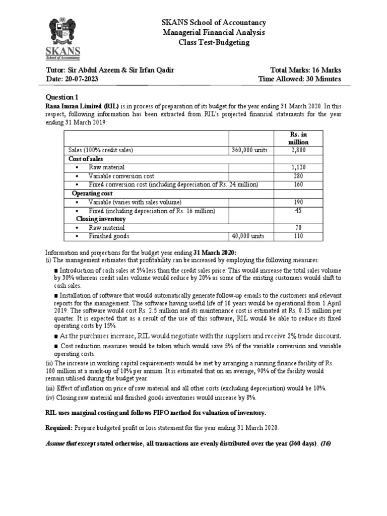 Test 7 Budgeting Test PDF Inventory Cost