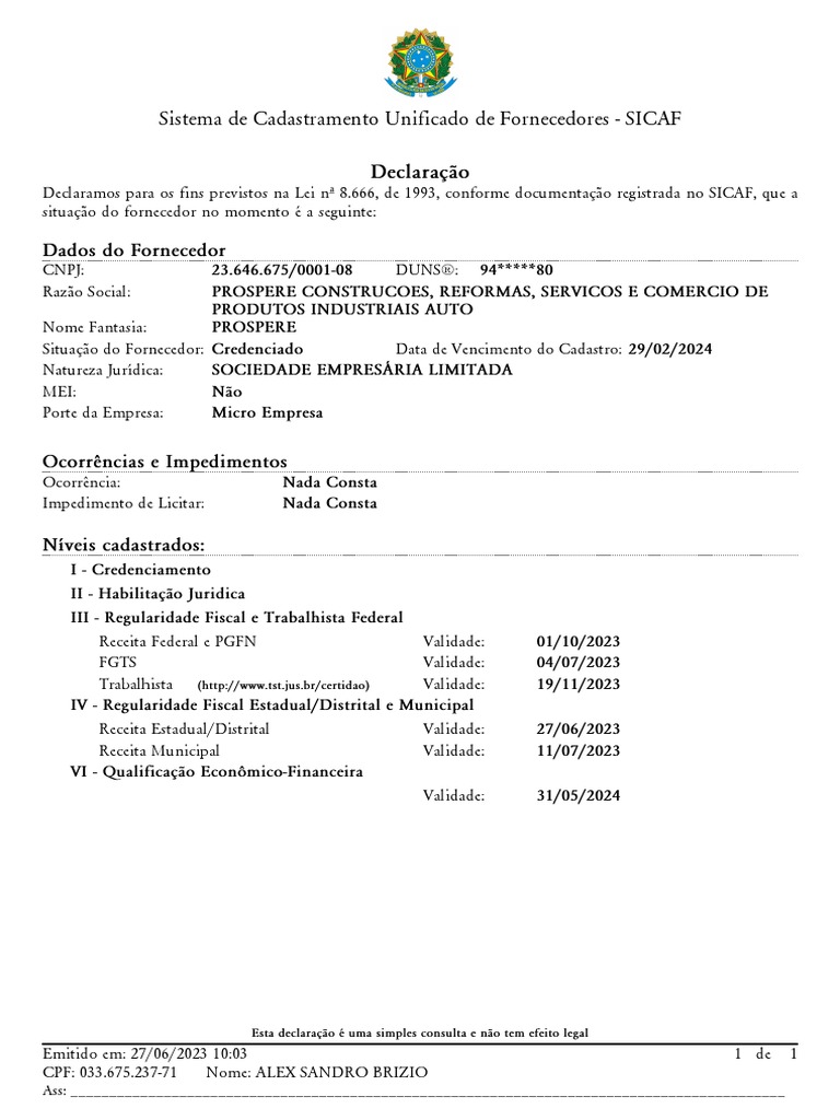 Sistema de Cadastramento Unificado de Fornecedores - SICAF: Declaração ...
