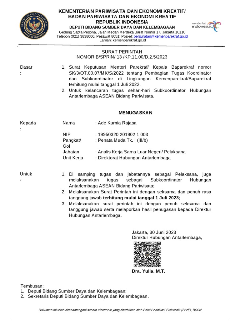 SPRIN 13 - Penugasan Subkoord HAL ASEAN Pariwisata Per 1 Jul 2023 | PDF