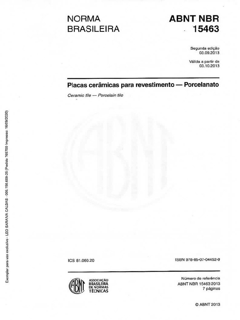 ABNT NBR 15463 - Placas Ceramicas para Revestimento - Porcelanato | PDF