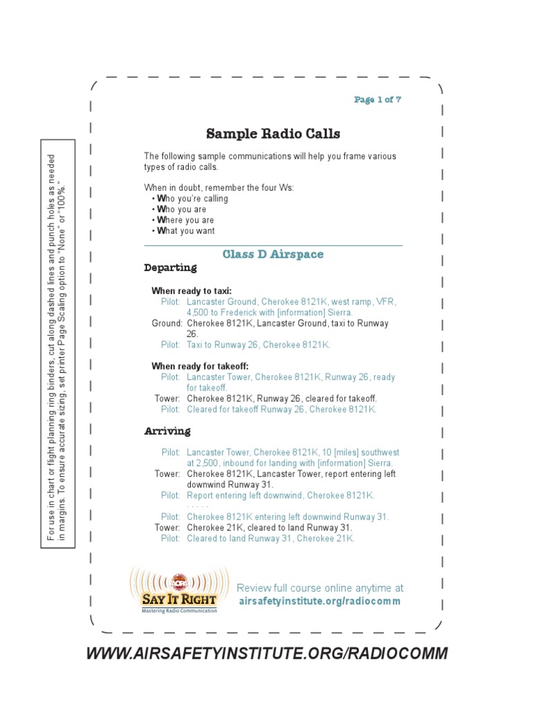 Sample Radio Calls PDF Instrument Flight Rules Transponder (Aeronautics)
