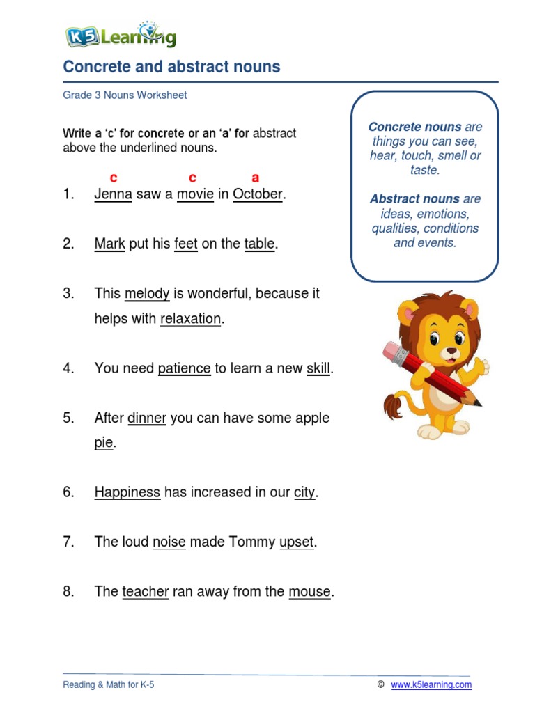 Concrete and Abstract Nouns Worksheet (Student) PDF