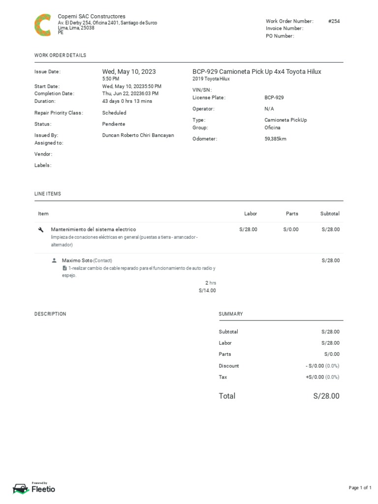 Work Order #254 for Toyota Hilux Repair | PDF | Vehicles | Toyota