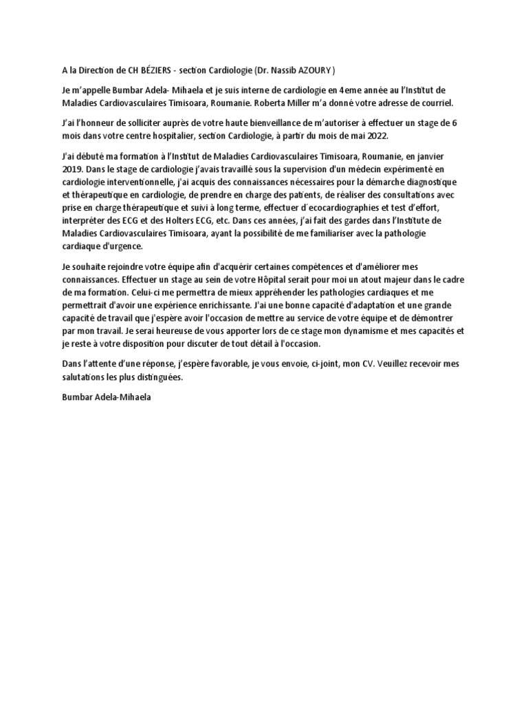 Demande de stage en cardiologie à Béziers | PDF