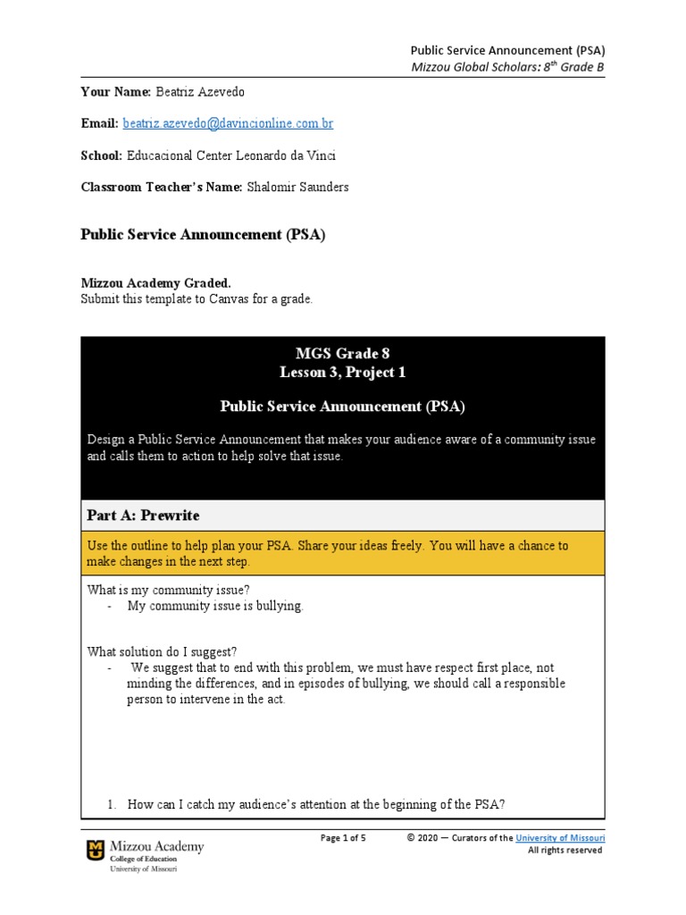 Public Service Announcement PDF Bullying Cognitive Science