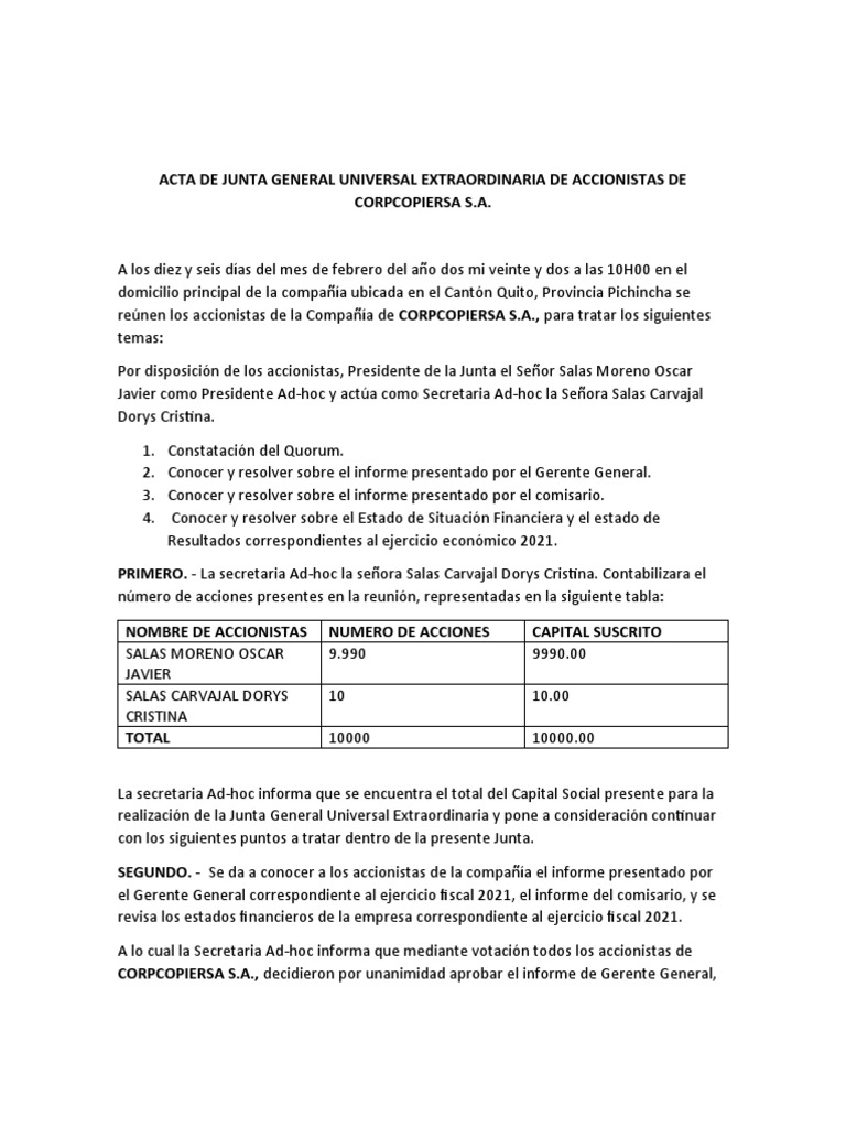 Acta de Junta General Universal Extraordinaria de Accionistas de ...
