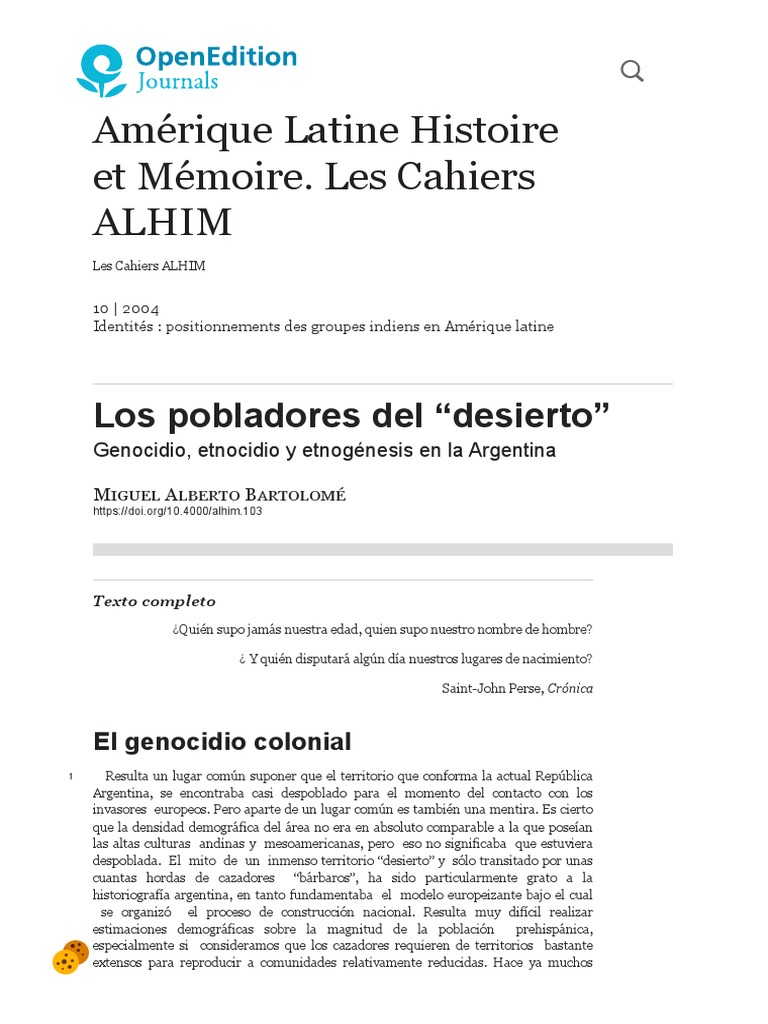 Bartolomé, Miguel Alberto Los Pobladores Del Desierto. Genocidio