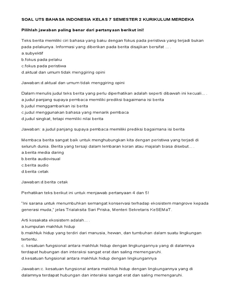 Soal UTS Bahasa Indonesia Kelas 7 | PDF