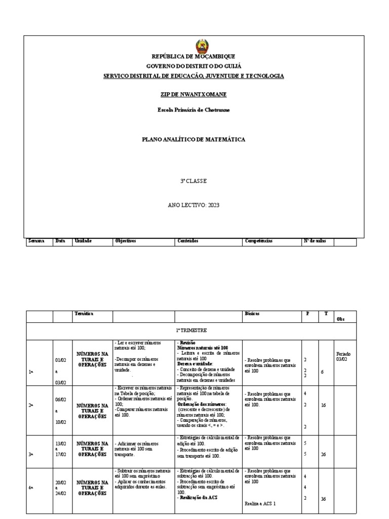 Plano Analitico Matematica 3a Classe 2022 PDF Litro Divisão