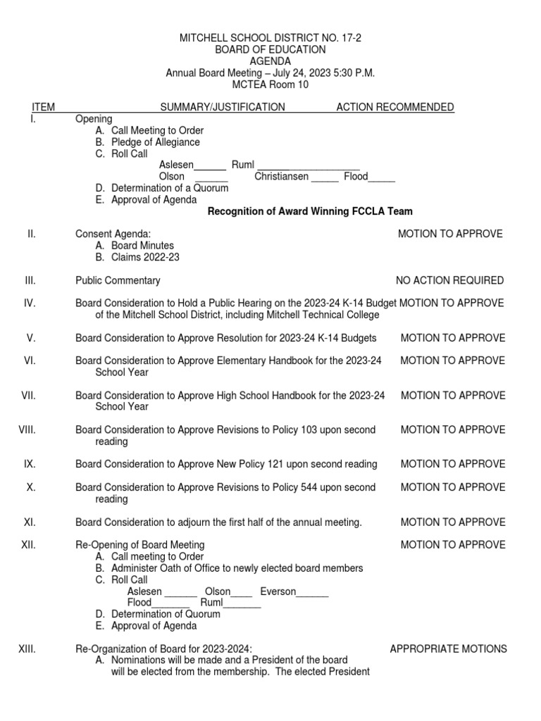 July 24 2023 Mitchell Board of Education Meeting Agenda PDF Fund Accounting Presidents Of The United States picture