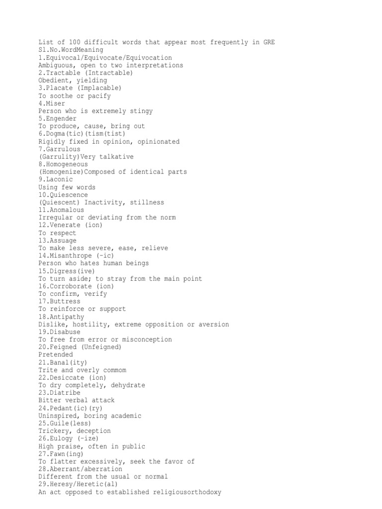 100 Difficult Words That Appear Most Frequently in GRE | PDF ...