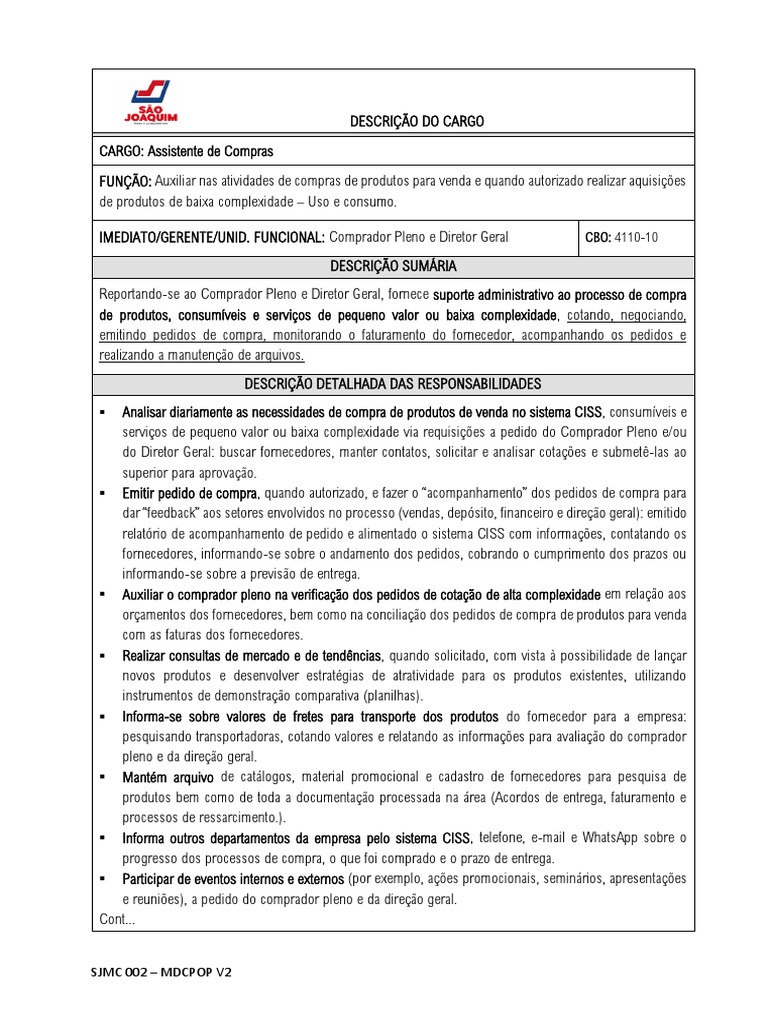 Descrição do Cargo: Assistente de Compras | PDF | Business | Economias