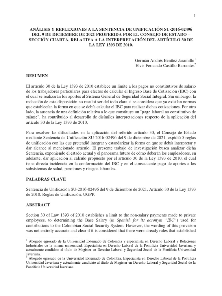 1. Análisis y Reflexiones a La Sentencia de Unificación Su-2016-02496