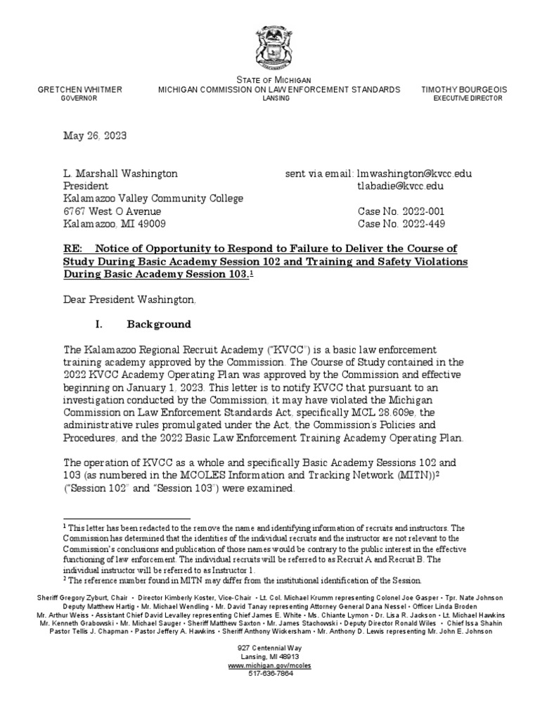 MCOLES Summary Letter KVCC Sessions 102 and 103 (Redactions) PDF Safety