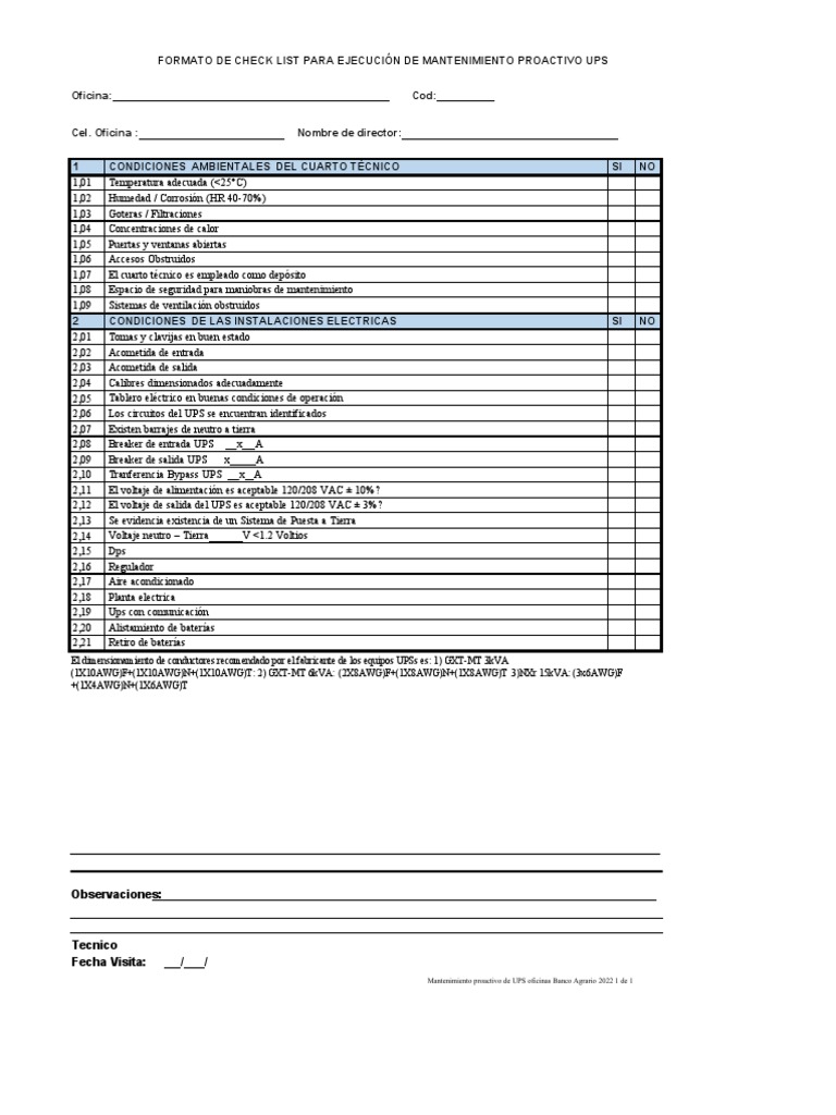 Checklist Mantenimiento Proactivo UPS | PDF