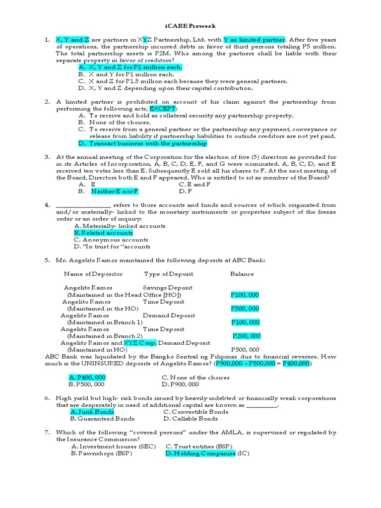CPALE Sample Questions and Answers | PDF | Partnership | Corporations