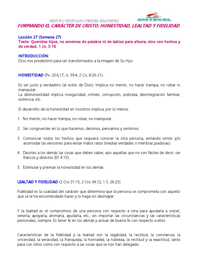 Formando El Caracter de Cristo Honestidad Lealtad Fidelidad | PDF