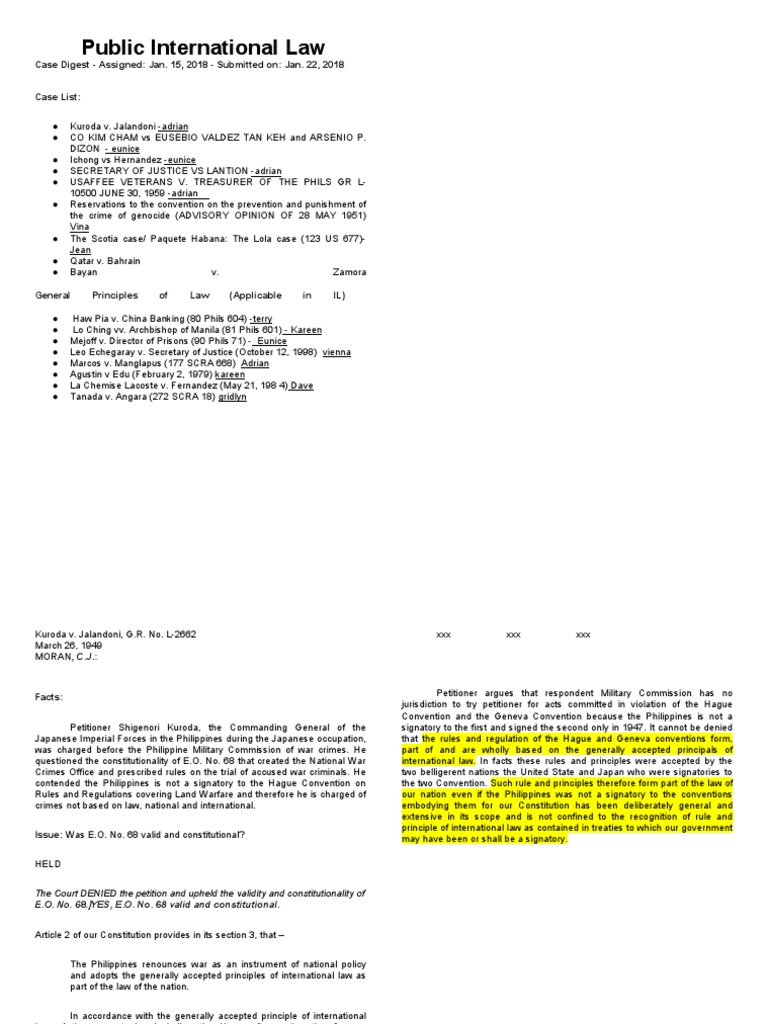 Public International Law Case Digest | PDF | Treaty | Prize (Law)