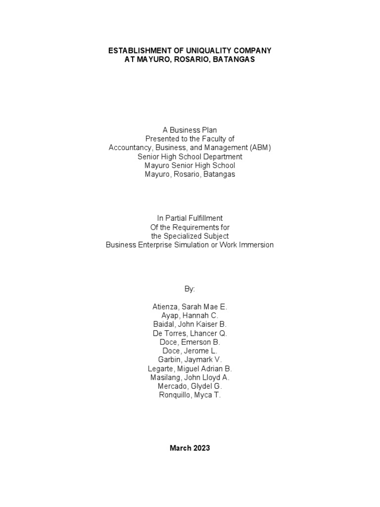 ABM Work Immersion Group 1 Business Plan | PDF | Demand | Supply ...