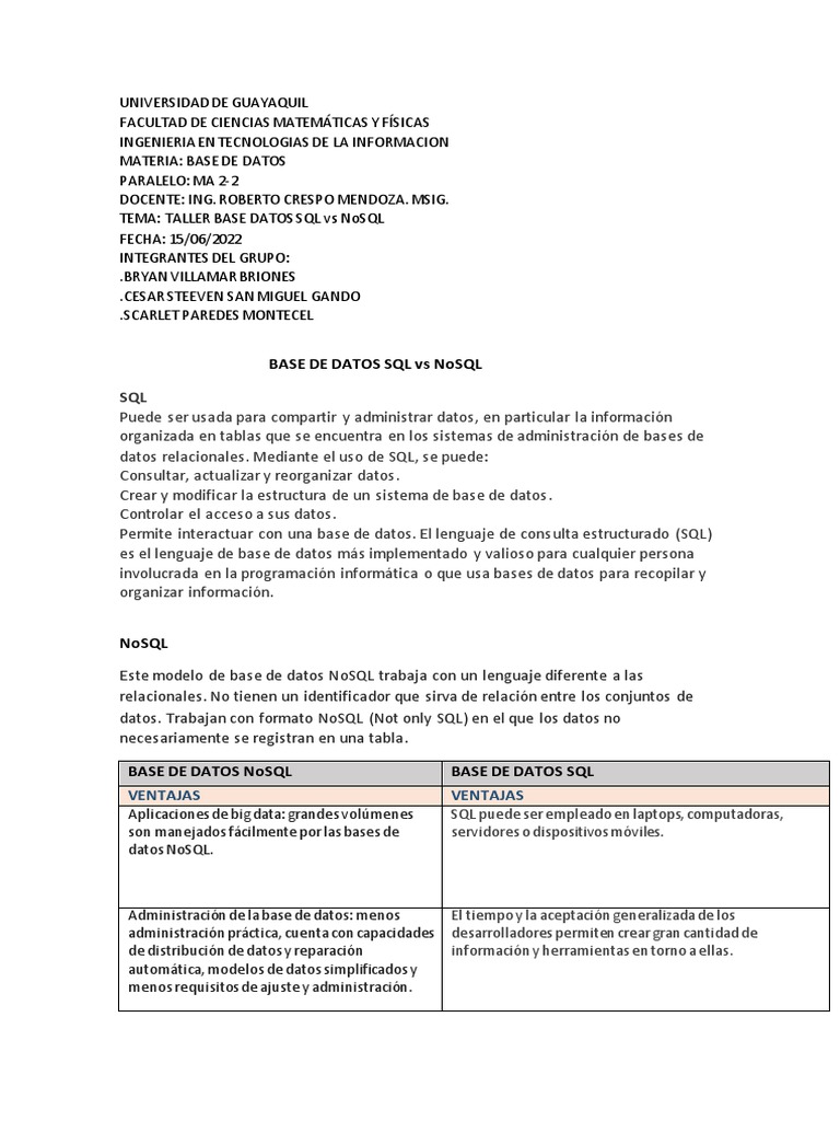 Base de Datos SQL Vs Nosql | PDF | Bases de datos | No Sql