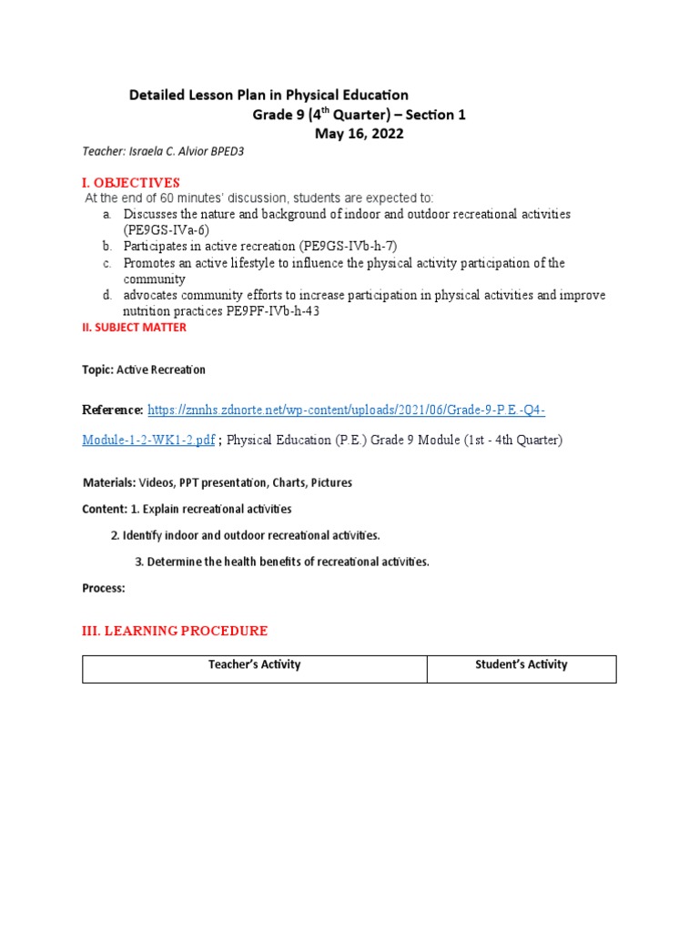Grade 9 PE Lesson Plan: Active Recreation | PDF | Career & Growth