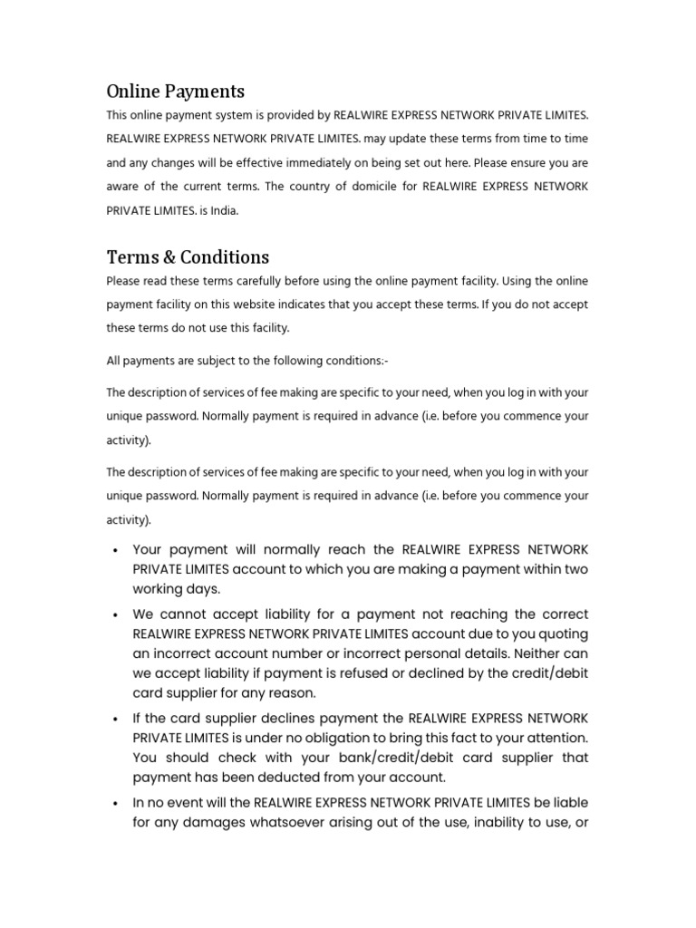 Realwire Online Payment Terms | PDF | Payments | Credit Card