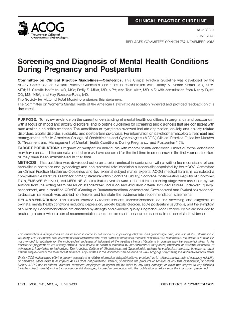 Acog screening and diagnosis of mental health 1 15 pdf mania