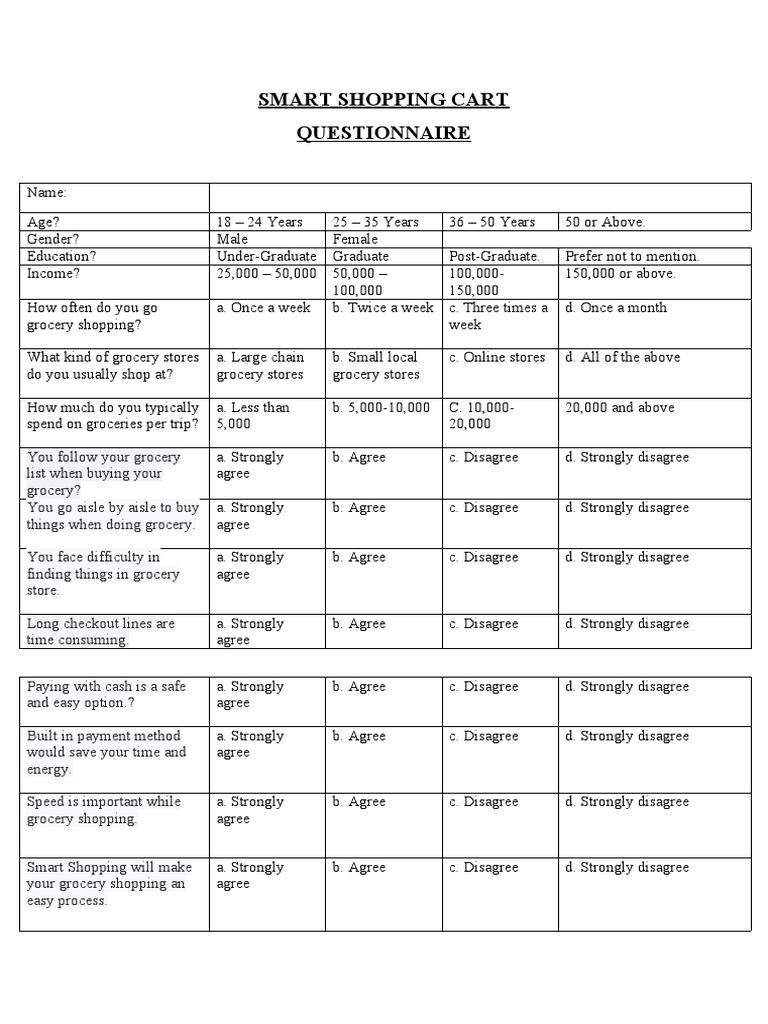 Smart Shopping Cart Questionnaire PDF Grocery Store Online Shopping