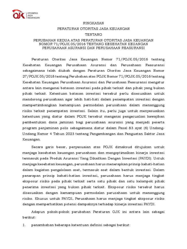 Ringkasan POJK Nomor 5 Tahun 2023 | PDF