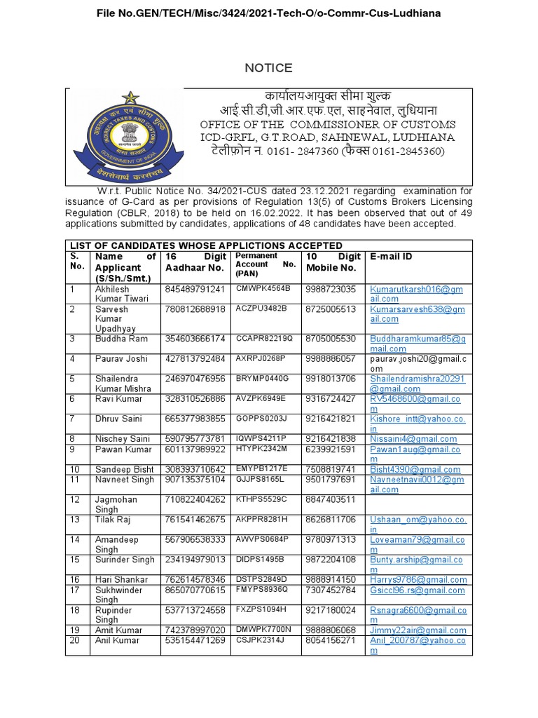 G Card Candidate Ludhiana | PDF