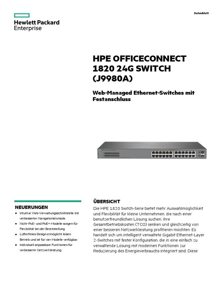Hpe Officeconnect 1820 24G SWITCH (J9980A) : Web-Managed Ethernet ...