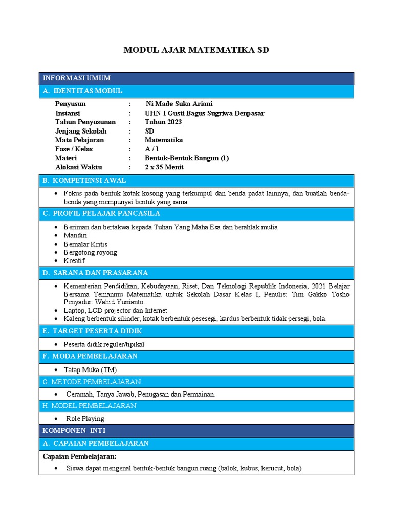 Modul Ajar Matematika SD Kelas 1 | PDF | Karier & Perkembangan