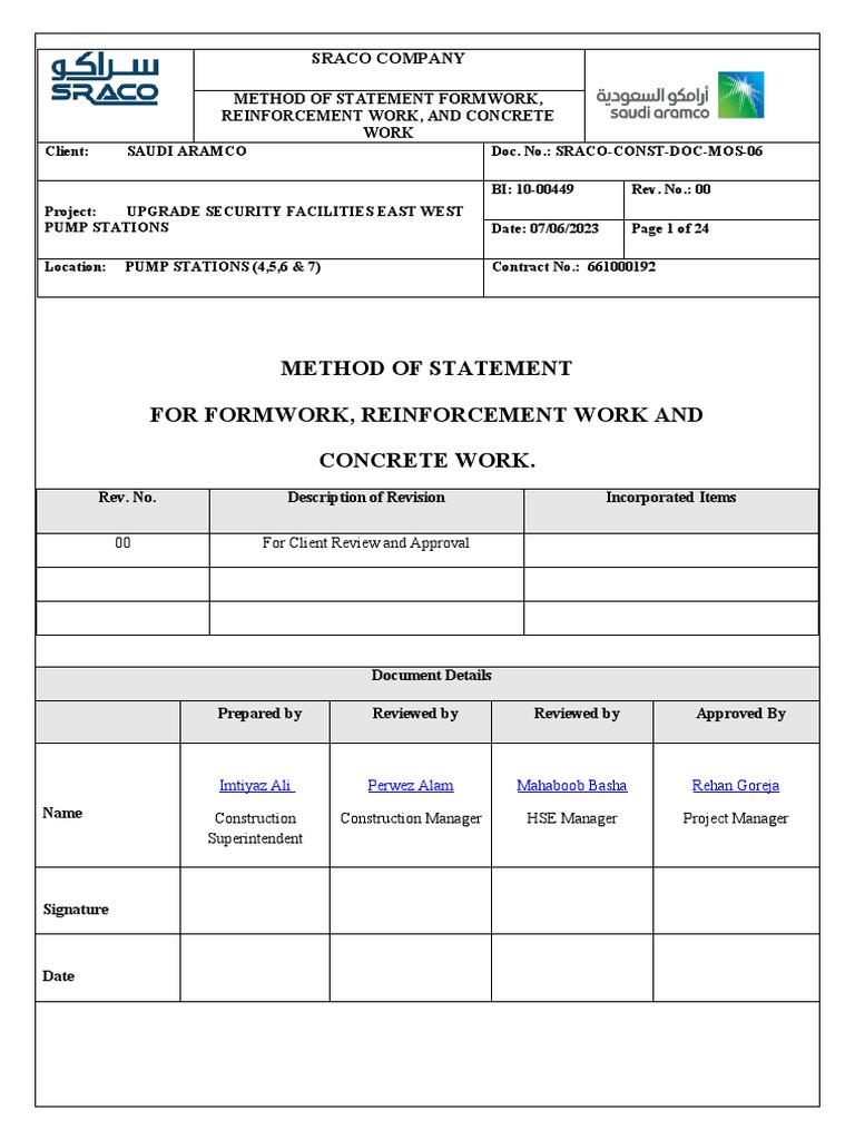 SRACO Method Statement for Concrete Work | PDF | Concrete | Building ...
