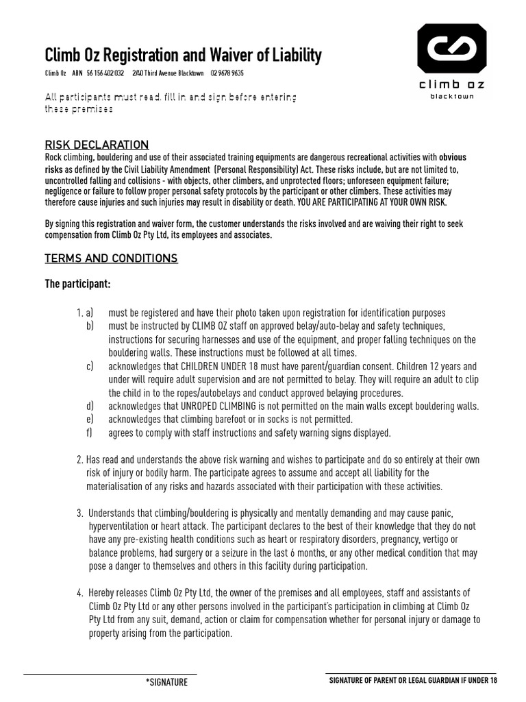 Climb Oz Registration and Waiver of Liability | PDF | Rock Climbing ...