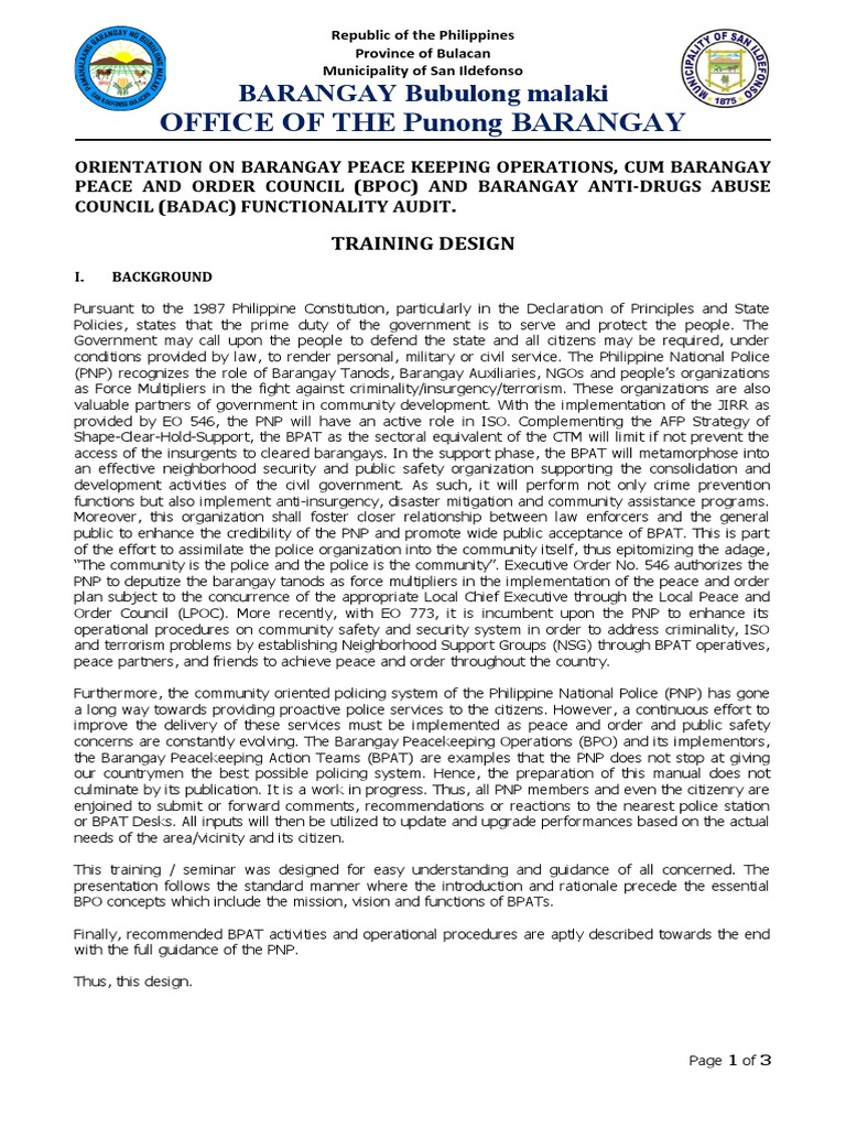 Training Design Bubulong Malaki Badac Pdf Police Government