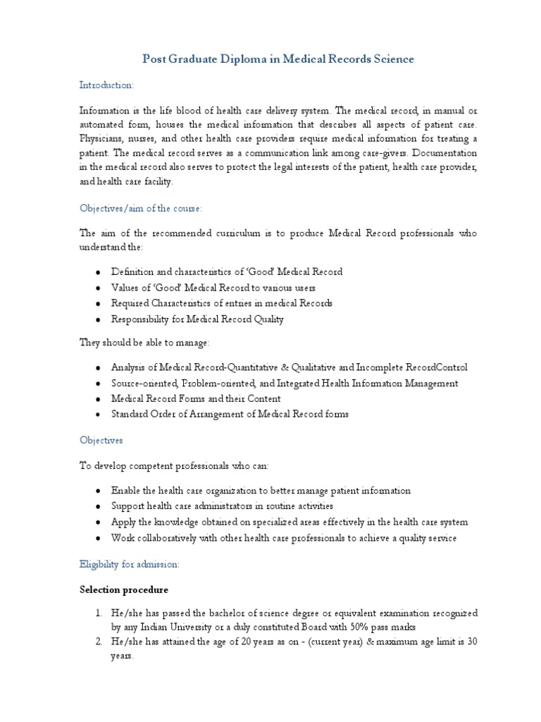 PG Diploma in Medical Records Science | PDF | Medical Record | Health Care