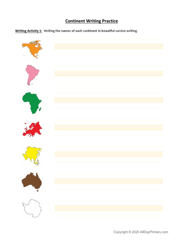 Cursive Writing Practice: Continents | PDF