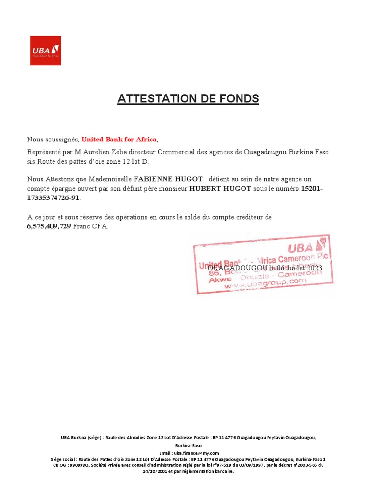 Attestation de fonds UBA pour Mlle Hugot | PDF