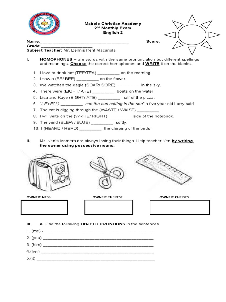Monthly Exam Grade 2 0 Pdf Adjective Morphology